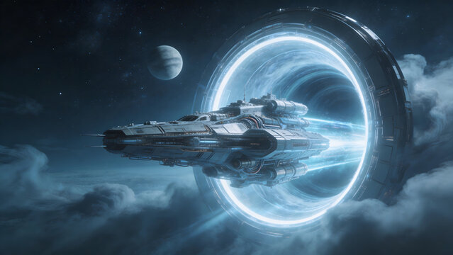 Spaceship in front of wormhole