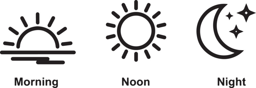 Morning, noon, and night icons, sun and moon symbols representing time isolated.