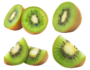 Fototapeta premium Fresh green kiwi fruit slices and halves isolated on transparent background. Healthy diet and vegetarian organic food concept element