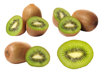 Fototapeta premium Set of fresh ripe kiwifruit whole and sliced half isolated on transparent background. Juicy green summer fruit decoration elements