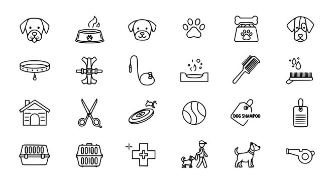 A collection of dog care and pet grooming icons in a flat minimal style