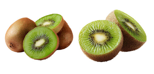 Fototapeta premium Group of fresh whole kiwi and cut halves isolated on transparent background. Ripe green kiwifruit for healthy vegan dessert or juice design