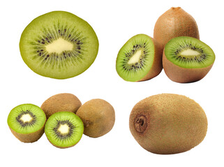 Fototapeta premium Collection of sweet green kiwi fruit whole and cross section halves isolated on transparent background. Fresh healthy tropical snack