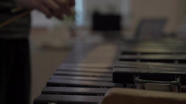 Little boy learning to play the marimba percussion instrument indoors