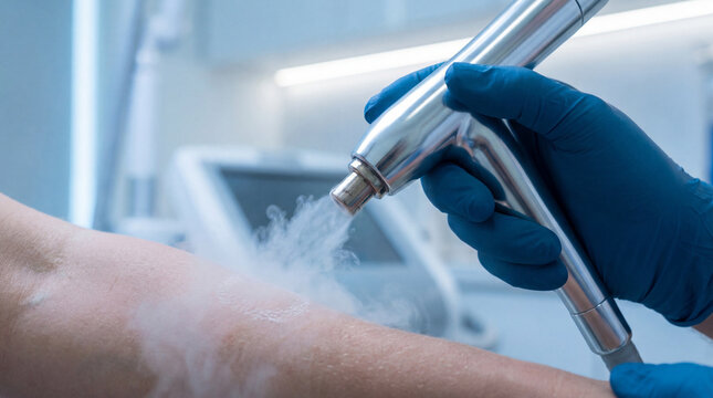 Professional performing cryotherapy on a patient's arm using a specialized device for skin treatment in a clinic