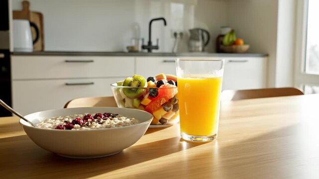 Breakfast scene featuring bowl of oatmeal with berries, fruit salad, and orange juice on wooden table in bright kitchen with modern appliances and natural light