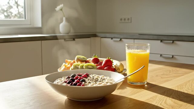 Healthy breakfast scene featuring steaming oatmeal topped with berries, fresh fruit platter, and a glass of orange juice on a wooden kitchen table with natural light