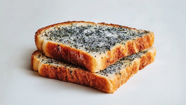 Two slices of white bread topped with a generous spread of black sesame seeds on a plain white background.