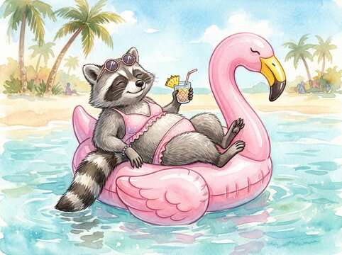 watercolor racoon in pastel pink bikini on a flamingo floatie relaxing