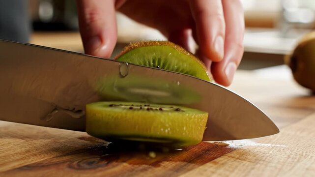 Close-up of hand slicing kiwi fruit with a sharp knife on wooden cutting board, showcasing the vibrant green flesh and black seeds in a kitchen setting