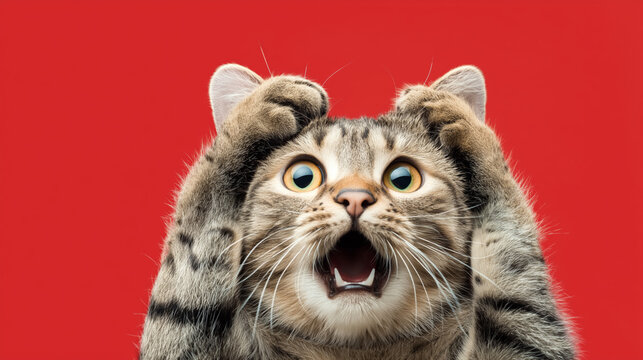 Surprised and Shocked Cat Face with Paws on Head on Red Background with Copy Space