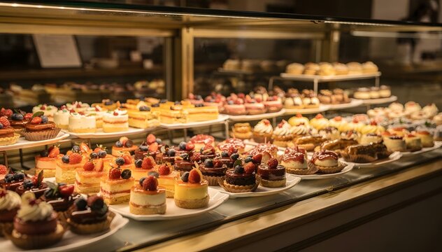 Abundant display of gourmet pastries and mini cakes with fresh fruit and frosting, showcased in a refrigerated glass display case at a bakery or patisserie