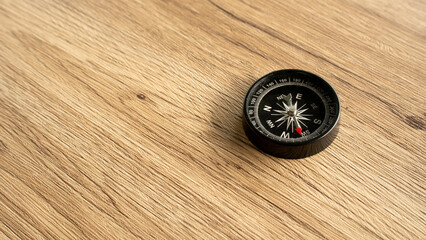 Small black compass on a wooden texture background symbolizing navigation and finding the right direction. © MohamadFaizal