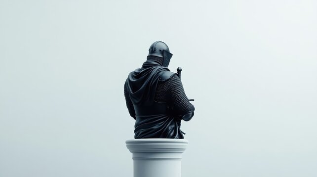 Black-armored knight with raised broadsword against white background.