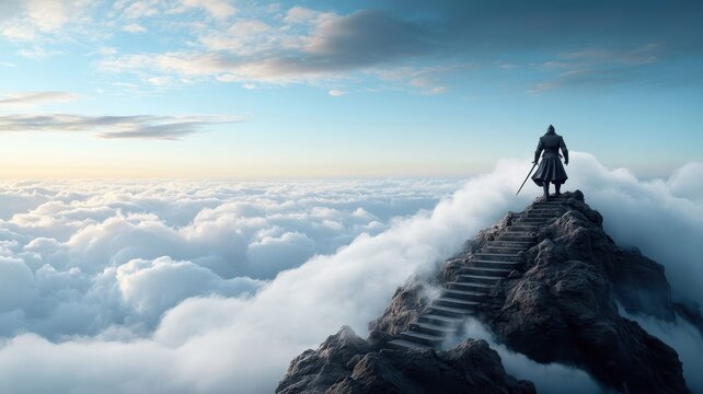 Knight ascending cloud staircase, broadsword gleaming in ethereal light.