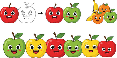 Obraz premium Cartoon Apple, Banana, and Orange Characters with Playful Faces in Various Colors for Fun Fruit Illustrations