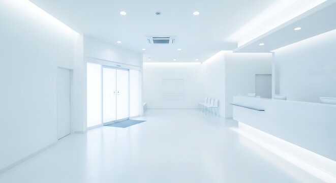 Modern and bright white reception area with automatic sliding doors and a clean, minimalist design.