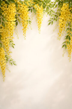 Beautiful yellow kanikkonna flowers also known as golden shower tree branches hanging for vishu decorations during the malayalam new year and traditional vibrant hindu festivals