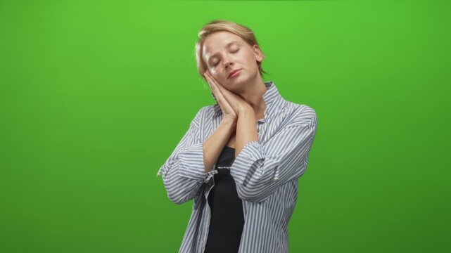 Woman with hands pressed to cheek in sleeping gesture wearing striped shirt on green studio set; serenity.