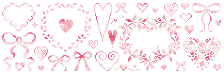 Red cross-stitch frames, hearts and bows. Oval, round shapes with vintage embroidery elements. Retro hand made covers for branding, scrapbooking and social media. © gorozhinak