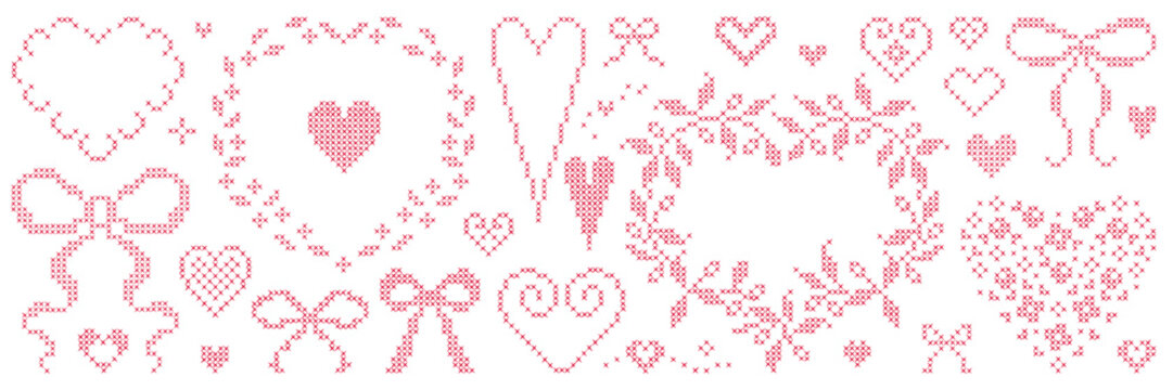 Red cross-stitch frames, hearts and bows. Oval, round shapes with vintage embroidery elements. Retro hand made covers for branding, scrapbooking and social media.