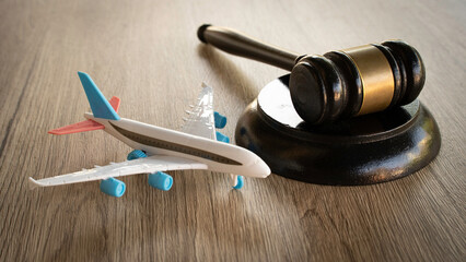 Plakat Toy airplane next to a wooden judge gavel on a wooden surface.