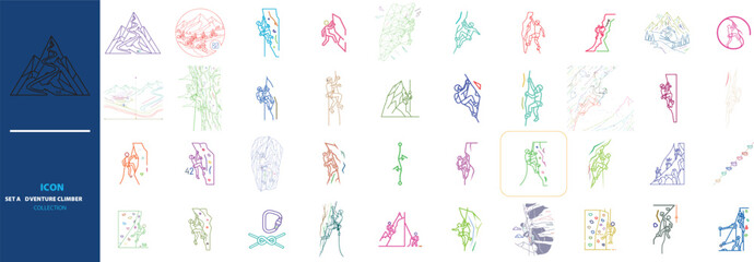 Minimalist rock climbing icons set, 40 colorful line art mountaineering elements, outdoor bouldering and hiking vector graphics for adventure sports © Nadia