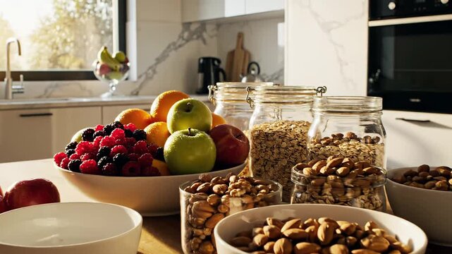 Colorful assortment of fresh fruits, nuts, and granola displayed in bowls on a wooden kitchen table, with sunlight streaming through a window in a modern kitchen setting