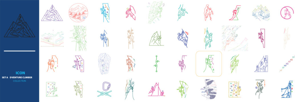 Minimalist rock climbing icons set, 40 colorful line art mountaineering elements, outdoor bouldering and hiking vector graphics for adventure sports