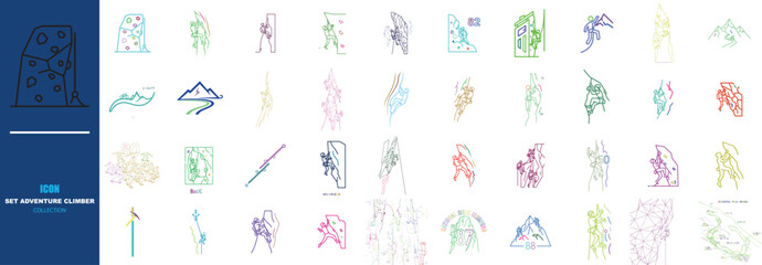 Minimalist mountain climber icons set, 40 colorful vector line art elements of rock climbing and bouldering, outdoor adventure sports graphics © Nadia