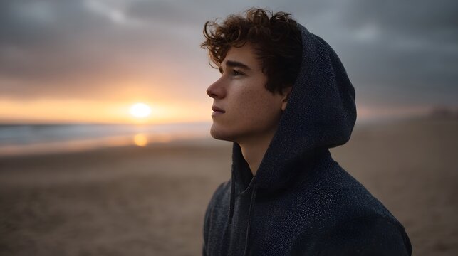 A young man in a dark hoodie looks thoughtfully out at the ocean on a beach during dawn or dusk