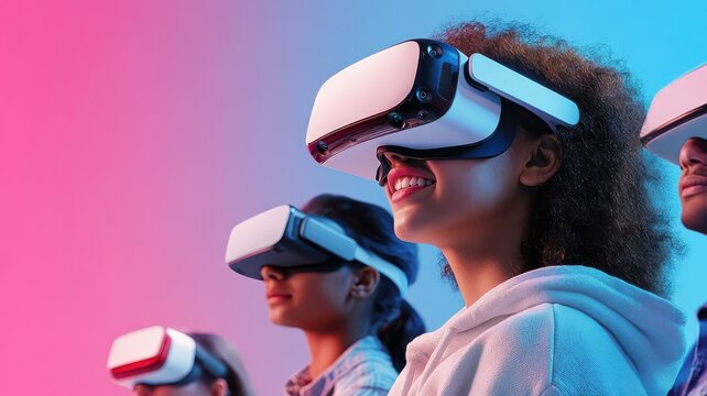 Diverse students using AR headsets and smart whiteboards in lively discussion.