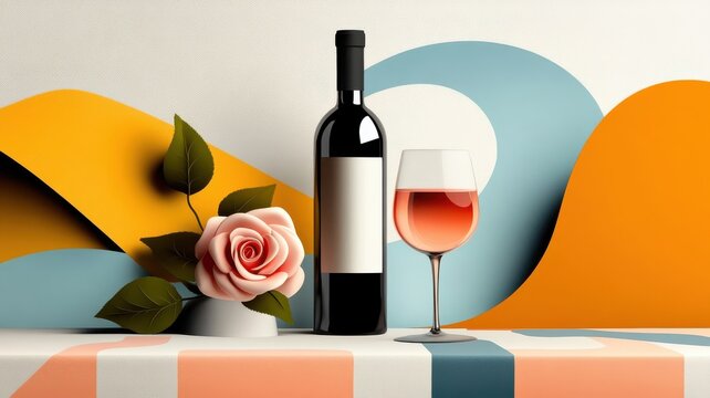 Stylized illustration of picnic scene with geometric blanket and rose.