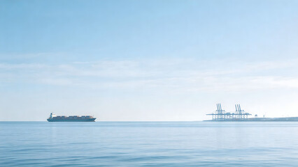 Obraz premium Ship sailing near port with cranes