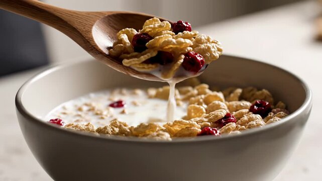 Close-up of wooden spoon stirring cereal with milk and cranberries in a white bowl, shallow depth of field, soft lighting creating a warm kitchen atmosphere