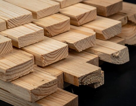 A natural brown texture pattern of stacked timber lumber and wooden block cubes forms a rough material pile for building a toy house wall or construction design