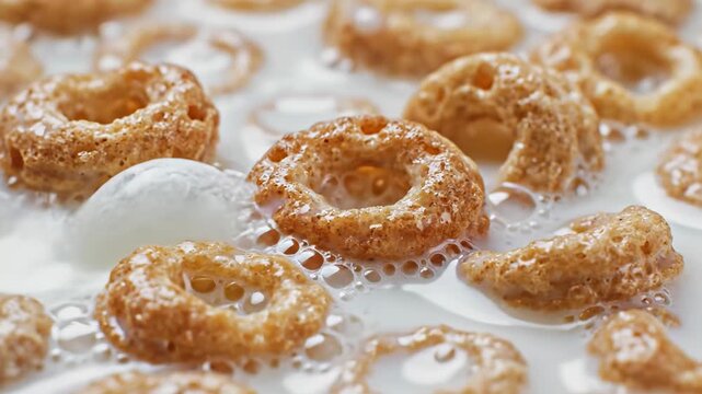 Close-up macro lens view of cereal rings floating in milk, showcasing the texture and bubbles, with a focus on the intricate details of the breakfast scene