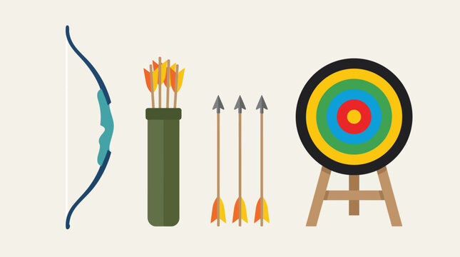 A complete set of archery equipment including a bow arrows quiver and a colorful target.