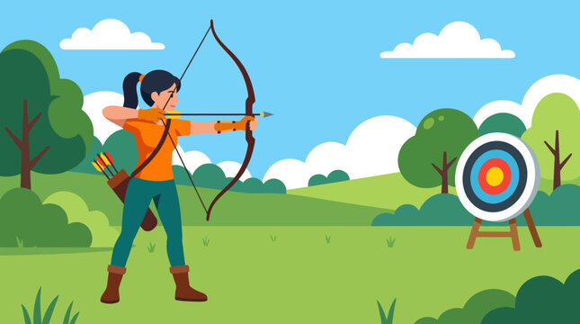 A focused female archer drawing her bow and aiming an arrow.