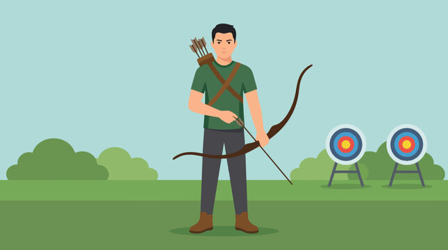 A skilled male archer character holding a recurve bow and an arrow ready for practice.