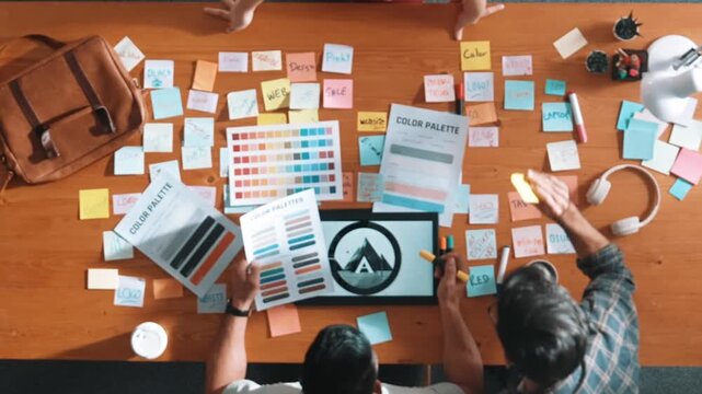 Top view of smart designer team writing comment to develop product. Professional business people working together to design logo graphic while manager explain idea to colleague at meeting. Symposium.