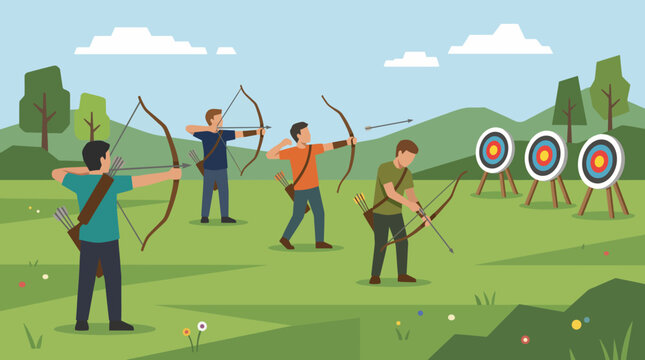 A group of men practicing the sport of archery with bows and arrows.