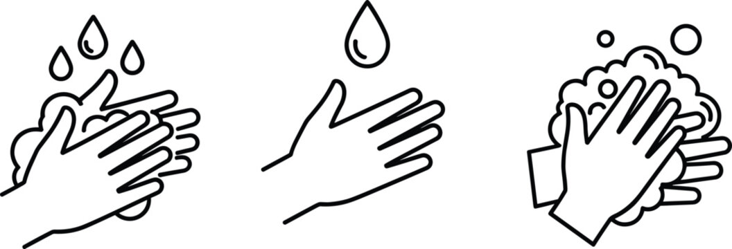 Hand washing and hygiene icons set with soap, water drops and cleaning symbols isolated on white background for sanitation, health and personal hygiene concepts