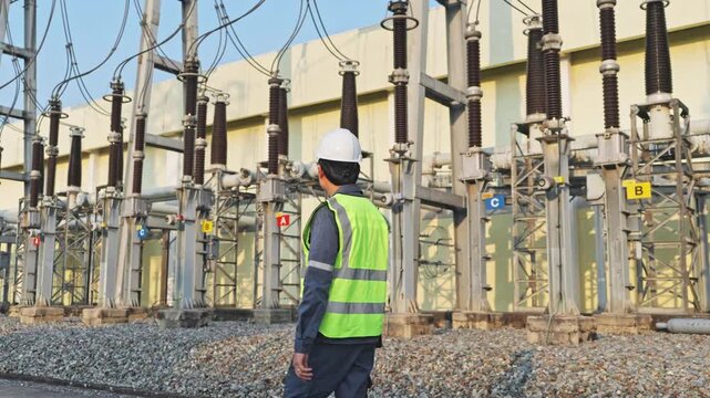 Electric substation utility worker engineer walking gravel yard near high voltage switchgear transformer circuit and power line wearing safety vest