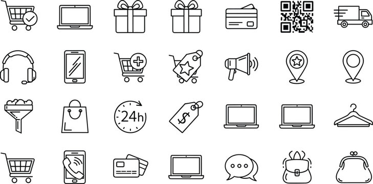 Online shopping and ecommerce icons set with cart, payment, delivery, QR code, mobile app and retail symbols isolated on white background for digital marketplace concepts