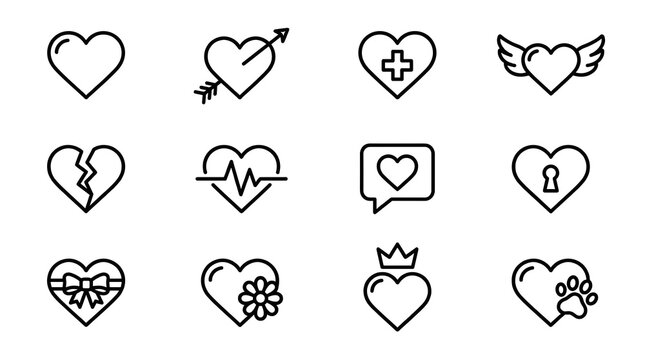 Black line art heart icons set outline love symbols collection with cute elements corazon vector