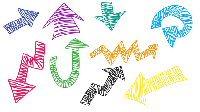 Collection of Colorful Hand Drawn Scribble Arrows, Abstract Minimalist Vector Marker Pen Arrows with Grunge Texture for Creative Presentation, Education Material, Business Flow and Infographic Design
