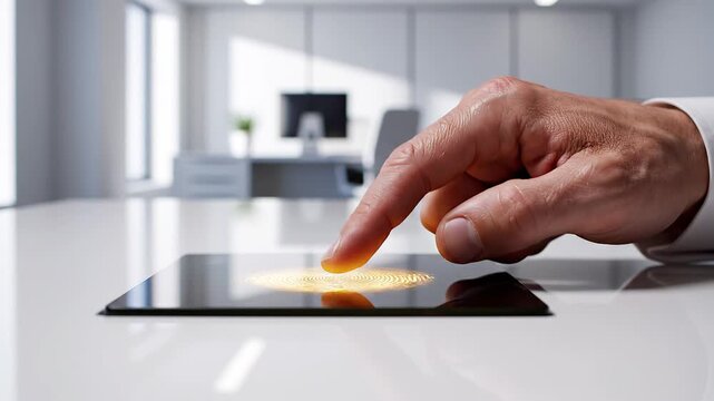 Close-up of a human index finger touching a glowing blue biometric fingerprint scanner on a digital device in a modern office, representing identity verification and security.