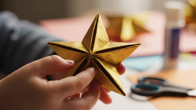 Child's hands carefully assemble a golden paper star ornament, showcasing intricate folds and craftsmanship against a colorful crafting workspace with scissors and glue