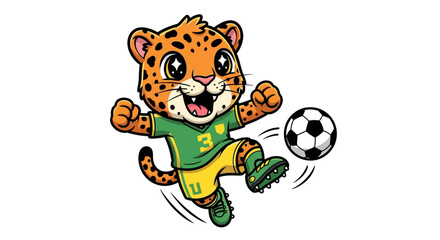 Cute Cartoon Jaguar Playing Soccer with Enthusiasm. © faizz